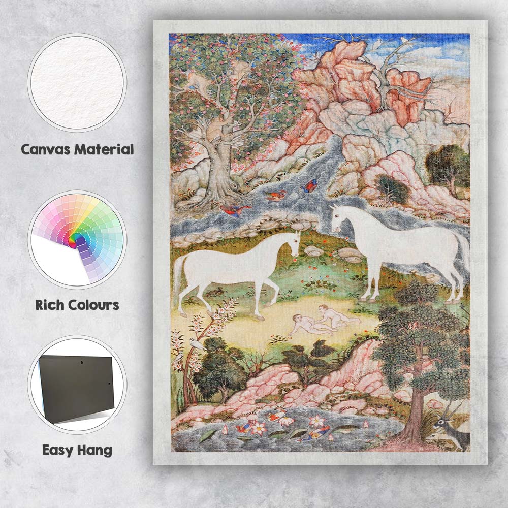 Persian Miniature Unicorn Garden Fantasy Landscape Painting Canvas Wall Art Print Decor Picture Ready to Hang