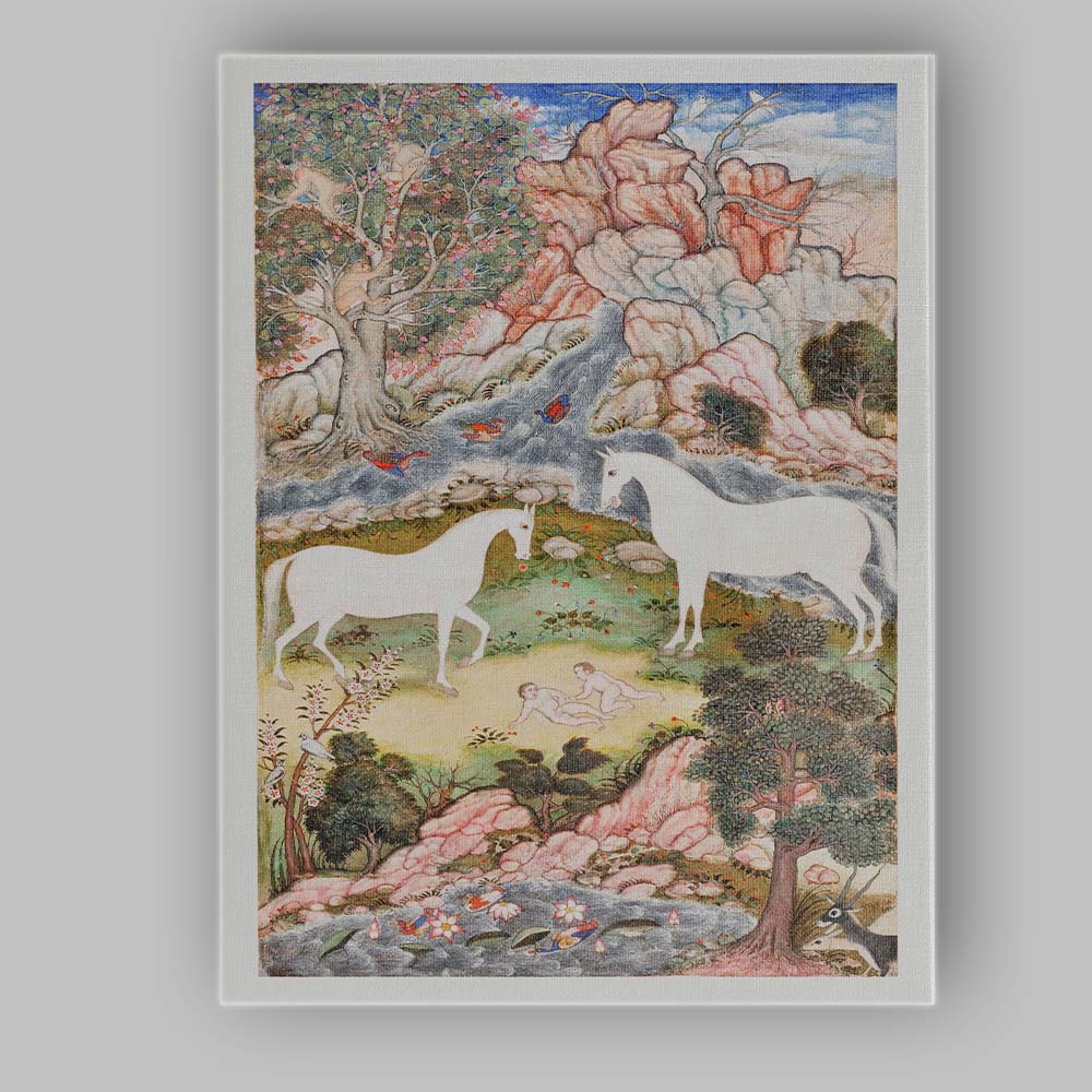 Persian Miniature Unicorn Garden Fantasy Landscape Painting Canvas Wall Art Print Decor Picture Ready to Hang