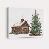 Rustic Christmas Log Cabin and Decorated Fir Tree Illustration Canvas Wall Art Print Decor Picture Ready to Hang