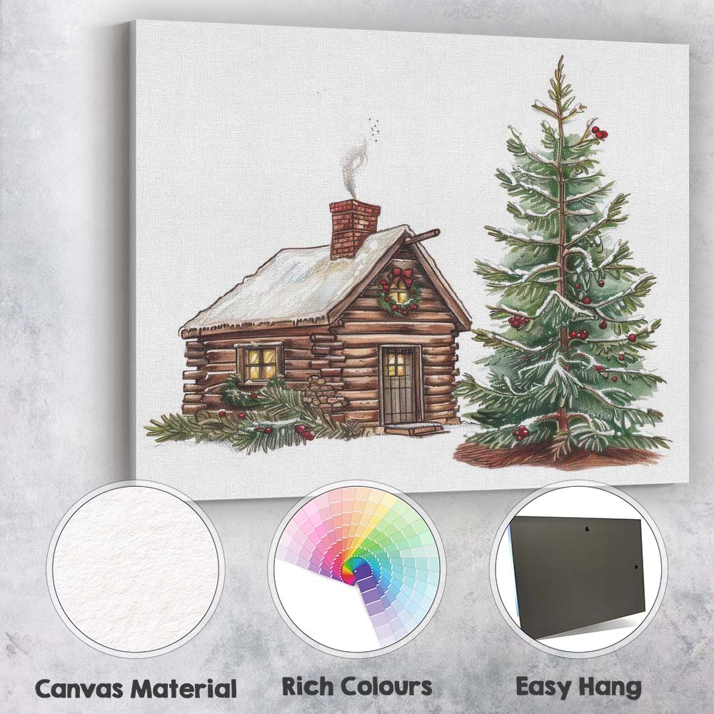 Rustic Christmas Log Cabin and Decorated Fir Tree Illustration Canvas Wall Art Print Decor Picture Ready to Hang