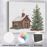 Rustic Christmas Log Cabin and Decorated Fir Tree Illustration Canvas Wall Art Print Decor Picture Ready to Hang