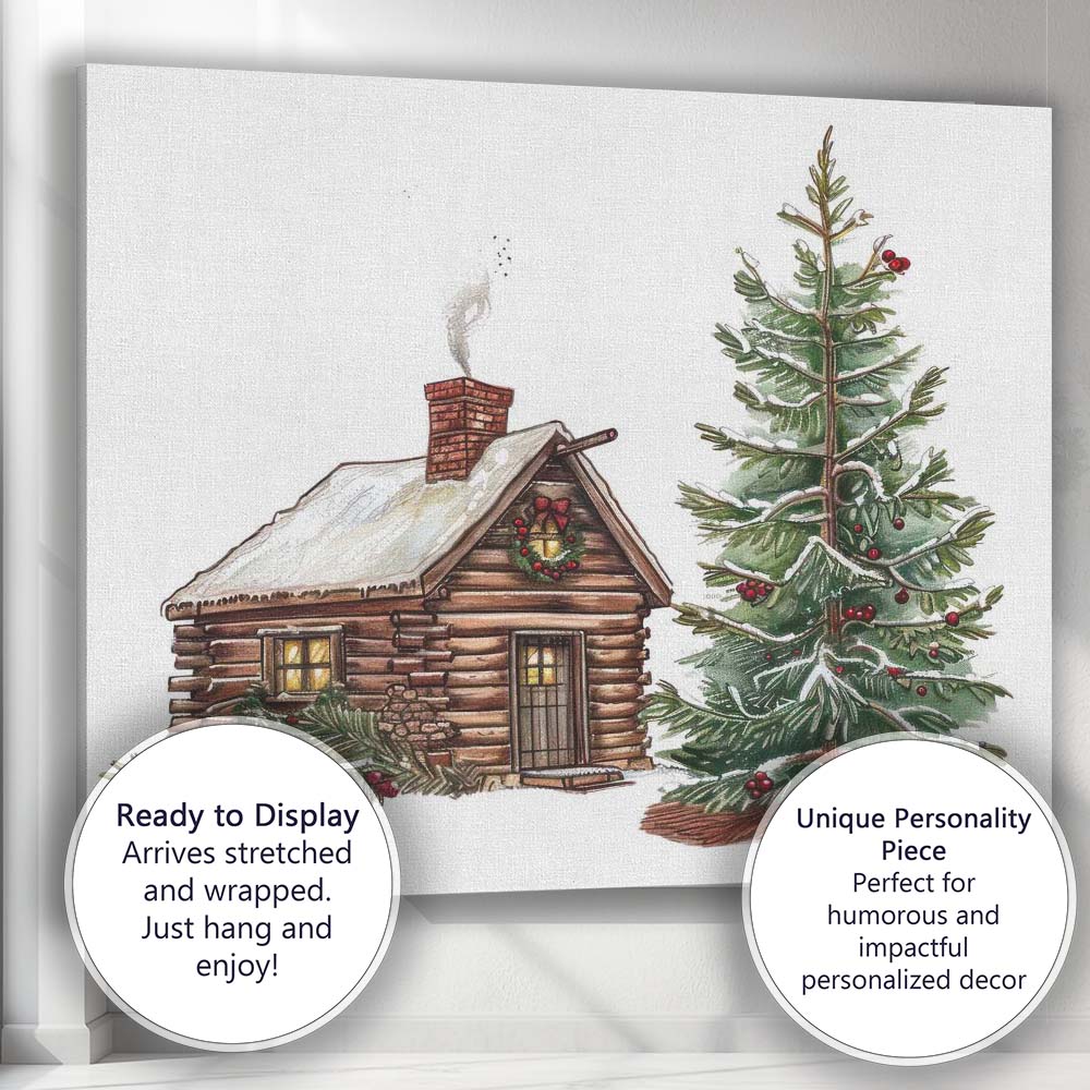 Rustic Christmas Log Cabin and Decorated Fir Tree Illustration Canvas Wall Art Print Decor Picture Ready to Hang