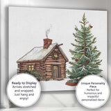 Rustic Christmas Log Cabin and Decorated Fir Tree Illustration Canvas Wall Art Print Decor Picture Ready to Hang