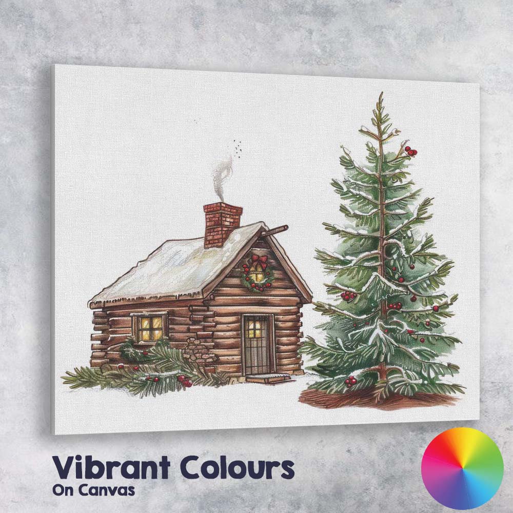 Rustic Christmas Log Cabin and Decorated Fir Tree Illustration Canvas Wall Art Print Decor Picture Ready to Hang