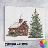 Rustic Christmas Log Cabin and Decorated Fir Tree Illustration Canvas Wall Art Print Decor Picture Ready to Hang