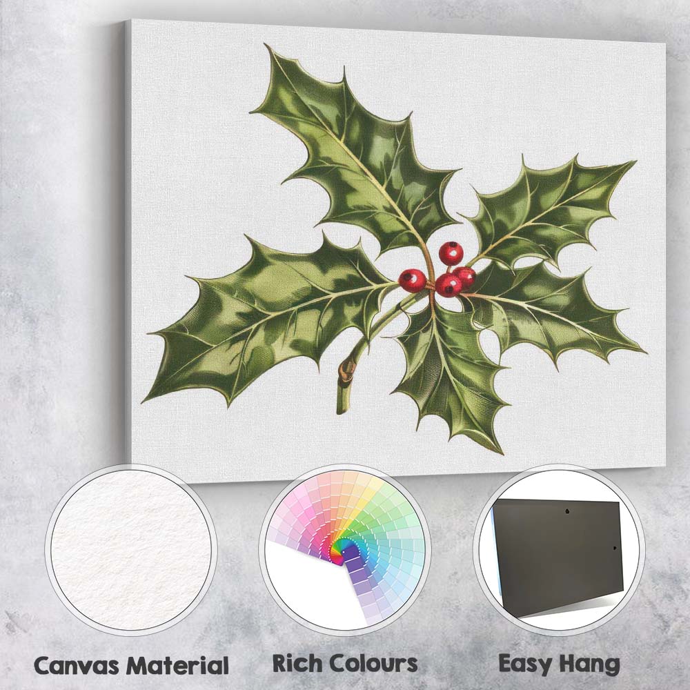 Classic Holly Leaves and Red Berries Botanical Christmas Illustration Canvas Wall Art Print Decor Picture Ready to Hang
