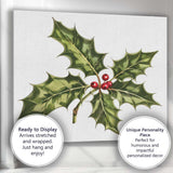 Classic Holly Leaves and Red Berries Botanical Christmas Illustration Canvas Wall Art Print Decor Picture Ready to Hang