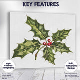 Classic Holly Leaves and Red Berries Botanical Christmas Illustration Canvas Wall Art Print Decor Picture Ready to Hang